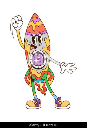 Space rocket cartoon groovy adorable character Stock Vector