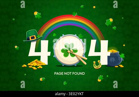 404 page not found, happy St Patrick day holiday page template. Cartoon vector web banner with shamrocks, drum, rainbow, leprechaun hat, pot of gold a Stock Vector