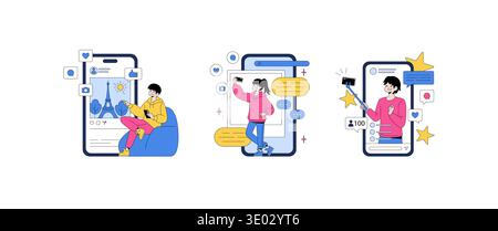 Vector illustration depicting young individuals interacting with social media on smartphones, showing engagement through likes, comments, and selfies. Emphasizes online activity and digital interaction. Stock Vector