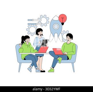Vector illustration depicting teamwork and innovation as three people engage in a brainstorming session. They are using laptops and tablets, highlighting cooperation and idea generation. Stock Vector