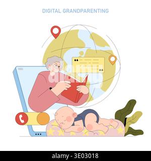 Vector illustration depicting a grandparent connecting digitally while reading to a sleeping infant. The scene highlights modern global communication and family bonding across distances. Stock Vector