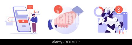 Vector illustration depicting digital transactions, business handshake, and AI robot analyzing financial data. Highlights modern technology's role in business and finance solutions. Stock Vector