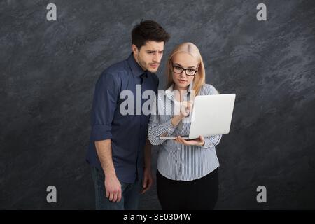 Business partners discussing project on laptop Stock Photo