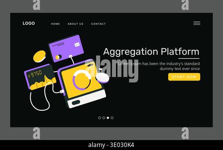 Financial aggregation platform vector illustration showcasing digital financial tools and data representations. Includes credit card, chart displays, and interactive elements on a dark background. Stock Vector