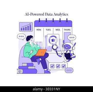 Vector illustration of a person engaging with a robot for AI-powered data analytics. Scene includes a calendar, laptop, and data visualizations, highlighting technology and innovation. Stock Vector