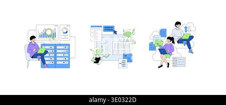 Vector illustration showing individuals and a robot engaging in data analysis and cloud computing. People interact with laptops and servers, displaying digital charts and coding. Stock Vector