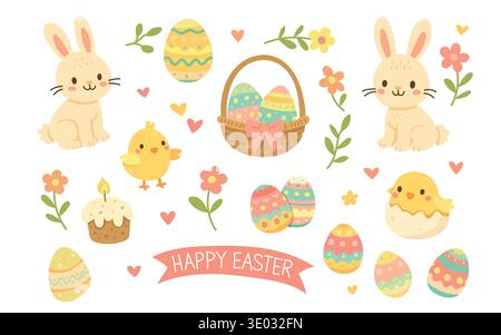 Cute Easter collection with bunny, chick, basket and decorated eggs, cheerful spring illustration perfect for greeting cards, holiday invitations and Stock Vector
