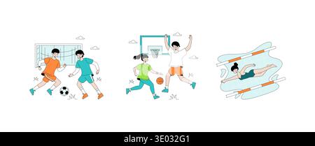 Vector illustration showcasing three sports activities: soccer, basketball, and swimming. Energetic players are engaging in each sport, exhibiting determination and teamwork. Stock Vector