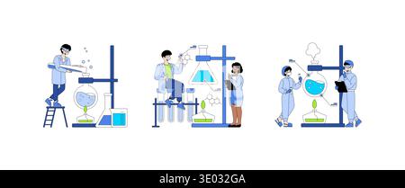 Scientists work in a lab setting, engaging with chemical experiments and analyzing results. This vector illustration captures teamwork and innovation in a scientific environment. Stock Vector