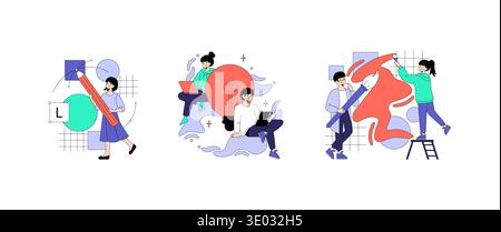 Vector illustration depicting a creative team working on design projects. Includes figures using large pencils, laptops, and paintbrushes, highlighting collaborative and innovative efforts. Stock Vector