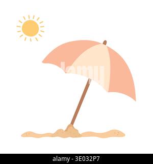 Cute beach umbrella on sand with bright sun, minimal summer illustration perfect for vacation content, seaside travel posts, coastal relaxation themes Stock Vector