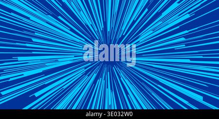 Blue anime manga speed lines. Radial burst effects and action comic book energy. Blue glow focus, pop art screentone textures and vintage flash explosion illustration. Vector background. Stock Vector