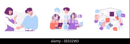 Vector illustration set depicting diverse teamwork and planning scenes. Includes a handshake, group discussion with a tablet, and a brainstorming session with charts and notes. Stock Vector