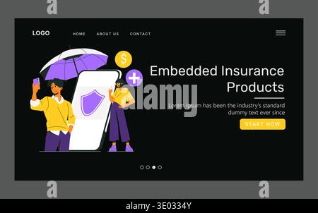 Vector illustration depicting two people interacting with a smartphone showing embedded insurance products. The image includes symbols like an umbrella and currency signifying protection. Stock Vector