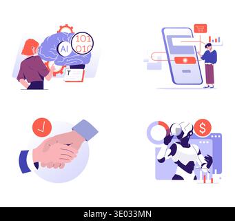Set of vector illustrations showcasing key business and technology concepts, including AI development, mobile payments, business handshake, and robotic analytics. These visuals depict innovative and professional scenarios. Stock Vector