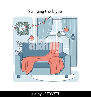 Vector illustration of a cozy living room with string lights and festive decorations. A couch with a blanket is centered in front of a window adorned with holiday ornaments. Stock Vector