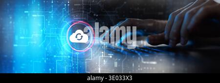Cloud Computing and Data Synchronization Technology Illustrated on Futuristic Digital Interface. Stock Photo