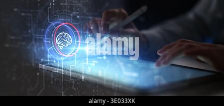 Artificial Intelligence Neural Network Interface with Digital Brain Visualization on Futuristic Screen. Stock Photo