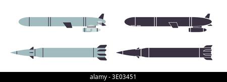 Military drones silhouette set unmanned aerial vehicles missiles flat icons isolated on white background modern defense technology graphic elements Stock Vector