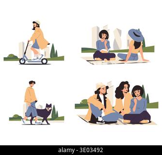 Vector illustration set showing various urban lifestyle activities. A person rides a scooter, friends chat on a picnic blanket, and someone walks a dog. Characters in relaxed, enjoyable scenarios. Stock Vector