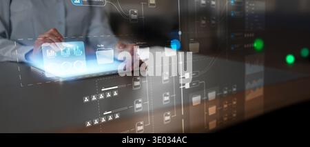 Digital Workflow Automation Interface with Interactive Process Control and Data Visualization. Stock Photo
