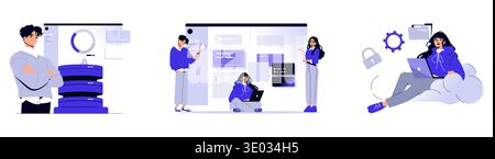 Vector illustration depicting a team collaborating on data analysis. The scene includes people using laptops and tablets to explore and discuss data visualizations, highlighting teamwork in a digital workspace. Stock Vector