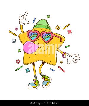 Star chewing bubble gum groovy funny character Stock Vector