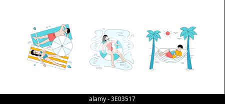 Vector illustration of people enjoying leisure time on the beach and in a hammock. Depicts relaxation with individuals lounging on towels, floating with pool floats, and reading under palm trees. Stock Vector