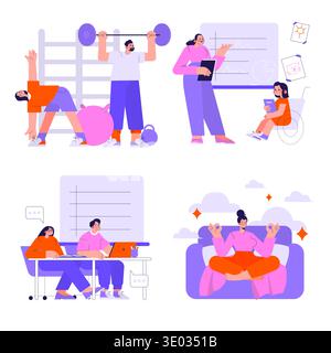 Engaging vector illustration showcasing diverse activities including fitness exercises, teaching, and relaxation. Individuals are depicted lifting weights, giving presentations, working, and meditating. Stock Vector