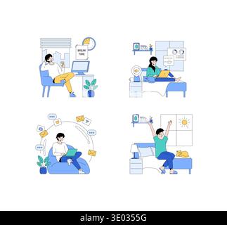 Vector illustration set depicting remote work and relaxation scenes. People engage in various activities, including working on laptops, enjoying coffee breaks, and stretching to unwind. Stock Vector