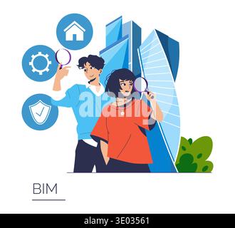 Vector illustration of two professionals analyzing Building Information Modeling (BIM) concepts. They use magnifying glasses near modern architecture symbols, representing teamwork and technology. Stock Vector