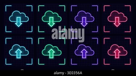 Cloud download upload symbol set, cyber neon visual, glowing border grid vector. Stock Vector