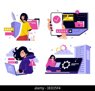 Vector illustration depicting various cybersecurity concepts, including identity protection, online transactions, hacking alerts, and cloud data management. Illustrates digital security themes. Stock Vector