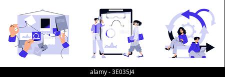 Vector illustration depicting a creative workflow with people analyzing data, collaborating on projects, and brainstorming ideas. Incorporates digital tools, teamwork, and innovation. Stock Vector