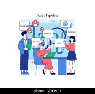 Vector illustration of a business team planning a sales pipeline. Individuals collaborate with laptops and notes to define phases like awareness, interest, decision, and purchase. Stock Vector
