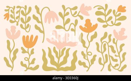 Decorative set of hand drawn abstract flowers and organic leaf shapes in soft pastel tones. These whimsical botanical graphics are ideal for creative Stock Vector