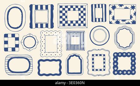 A large collection of hand drawn blue frames featuring stripes checkers and polka dot patterns. Mediterranean style borders are excellent for social Stock Vector