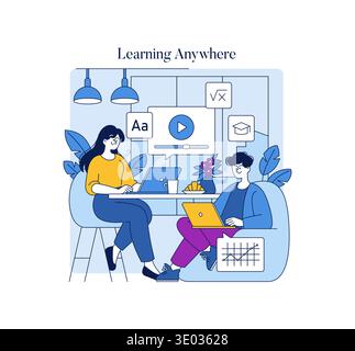 Vector illustration of two people engaged in online learning at a table with laptops. The scene includes educational icons and plants, symbolizing modern digital education. Stock Vector
