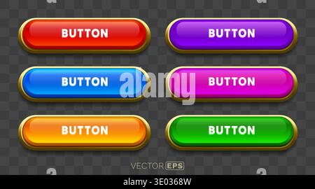 Vibrant glossy web buttons with golden border. Modern UI elements for design. Vector illustration. Stock Vector