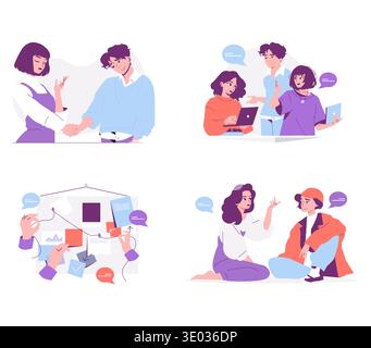 Vector illustration set depicting teamwork and communication. Includes diverse groups engaging in discussions and collaborative activities, highlighting creativity, cooperation, and planning. Stock Vector