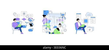 Vector illustration of people collaborating with AI robots on programming tasks. Depicts teamwork in a digital environment, showcasing coding, artificial intelligence, and innovation. Stock Vector