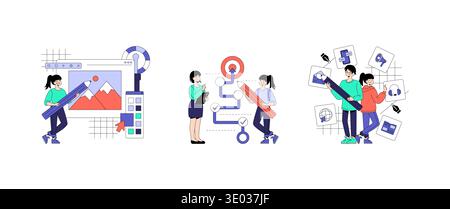 Vector illustration set showcasing collaborative teamwork in creative processes like design and project planning. Displays individuals using tools and interacting with digital elements. Stock Vector