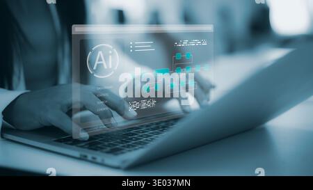 Businessman touching virtual screen with AI Agent icon and complex autonomous workflow diagrams. Concept of artificial intelligence automation, smart Stock Photo