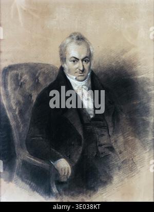 This approximately 1815-1825 portrait, titled "Henry Ezekiel," is a pastel and mixed media work by Solomon R. A. Abraham. The artwork depicts the sitter in a formal pose, wearing period attire including a dark coat and a high cravat, reflecting the fashion and artistic conventions of the early 19th century. Stock Photo