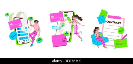 Colorful vector illustration depicting a person using a mobile app for payment and another individual signing a digital contract, emphasizing digital transactions and agreements. Stock Vector