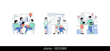 Vector illustration depicting three scenes of collaborative teamwork and business interaction, showcasing presentations, discussions, and global connections in a professional context. Stock Vector