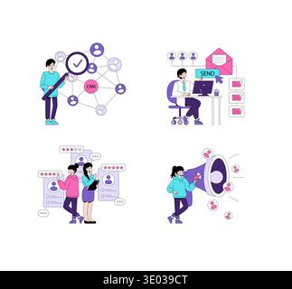 Set of vector illustrations showing business concepts. Includes CRM network, email communication, user feedback, and social media marketing, highlighting teamwork and collaboration. Stock Vector