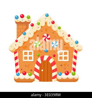 Cute Christmas gingerbread house with candies and icing - vector illustration Sweet holiday cookie house  Stock Vector