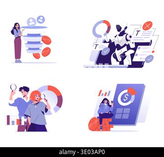 Vector illustration set showcasing data analysis concepts. Features a woman with a sales funnel, a robot analyzing text, two people examining charts, and a woman with financial growth graphics. Stock Vector
