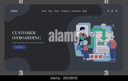 Vector illustration of a customer onboarding process with diverse individuals interacting with digital tools. Features a modern interface showing user interaction and workflow steps. Stock Vector